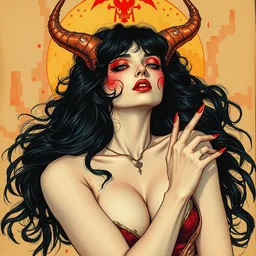 a succubus. beautiful, realistic painting by mucha and kuvshinov and bilibin and malevich. synthwave watercolor, thick lining, manga, soviet realism