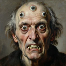 ascii art, hyperrealism oil painting, close - up portrait of a scary old man with ten eyes and mandibles, in style of baroque zdzislaw beksinski