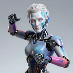 a beautiful colorful portrait of a cyborg elder with futuristic cybernetic glowing war face paint, dynamic pose, sci - fi, cyberpunk by ruan jia, roger dean, rene magritte, jules bastien - lepage, trending on artstation, award winning, pastel colors, 8 k