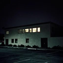 a building seen from a dark parking lot in los angeles at night. 1 9 9 0 urban photography