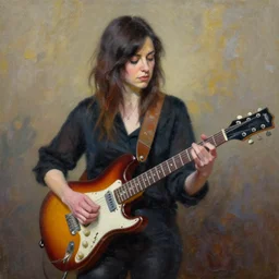 Anna Calvi playing electric guitar, oil painting by Martine Johanna