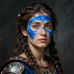 portrait of a warrior woman with blue face paint, by nikolay makovsky and donato giancola.