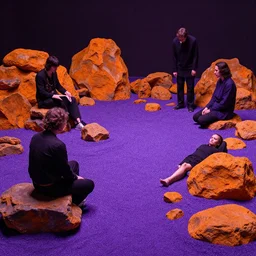 a solarpunk zen garden by simon stalenhag and hubert robert and zacharias aagaard and gillis rombouts and samuel beal, hyperrealism!!!, purple sand, orange rocks, chiaroscuro!!, tonalism!, high saturation, high contrast, vibrant, highly detailed, volumetric light