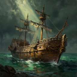 wooden shipwreck of old pirate ship on rocks at sea, dramatic lighting, sun beams, god rays illuminating wreck, dark background, gloomy green sea, fantasy art, painting, concept art, oil painting, brushstrokes