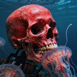 a red human skull in the ocean embraced jellyfish tendrils by josan gonzalez and dan mumford