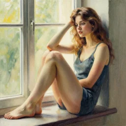 seductive drawing of caylee cowan, sitting down, leaning against the window, in the style of ilya kuvshinov
