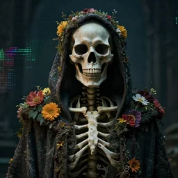 cinematic shot epic portrait skeleton wearing a dark robe covered in flowers, hyper realistic, mood lighting, fantasy, detailed face, highly detailed, super realistic, perfect lighting javascript pixel sorting