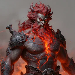 stunning japanese god of volcano portrait, beard made of lava, muscular, lava, fantasy, intricate, elegant, highly detailed, digital painting, artstation, concept art, smooth, sharp focus, illustration, art by krenz cushart and artem demura