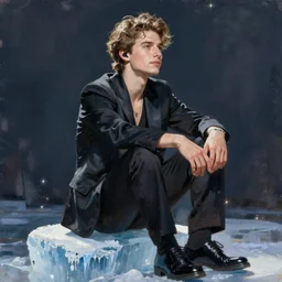 singer damiano david sitting on a small icicle, elegant, realistic, digital painting, concept art, smooth, sharp focus, illustration, by ruan jia and mandy jurgens and artgerm and william - adolphe bouguerea