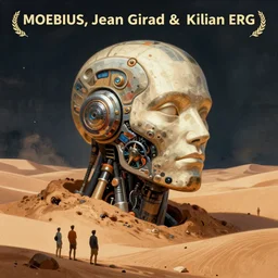 a illustration of a large head of a cyborg half buried in the desert, little people watching fine art, intrincate, by moebius, jean giraud & kilian eng