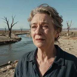 close-up of a 65-year-old Gaia, crying calmly, facing the camera and standing in front of a dried up river in a desolate land, dead trees, blue sky, hot and sunny, highly-detailed, elegant, dramatic lighting, artstation, 4k, cinematic landscape, photograph by Elisabeth Gadd