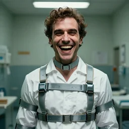digital portrait of a maniacally laughing man wearing a straitjacket in a sanitarium by rafa sandoval and shawn coss, hyperrealistic, centered, deviantart, artgerm