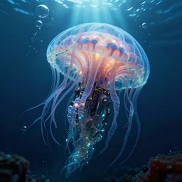 bioluminescent cyberpunk siphonophore, extreme light, cyberpunk atlantis, mechanical, deep ocean, robotic, mariana trench, sun rays, midnight zone, bubbles, hyper realistic, hyper detailed, digital art, trending in artstation, studio quality, photorealistic, photo, by jesper ejsing, wlop, paul lehr