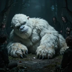 photo of people gathering around a giant sleeping yeti, eerie atmosphere, fear, mystery, dramatic, 8 k uhd