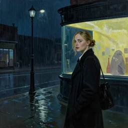 Elle Fanning stalking her prey at night in the world of Edward Hopper, stormy rainy weather, streetlights, extremely detailed masterpiece, oil on canvas, low-key neon lighting, artstation, Blade Runner 2049, Roger Deakin’s cinematography, by J. C. Leyendecker and Peter Paul Rubens,