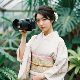 fashion photograph of a pretty Japanese woman wearing a traditional kimono in an tropical greenhouse, by Annie Leibowitz, extremely detailed, large format camera, Fuji Provia film, 85mm lens, bokeh blurred background, photorealistic, trending on instagram, trending on artstation