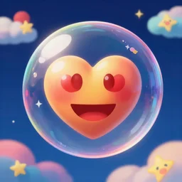 closeup shot of heart emoji inside a bubble floating in the sky, a dark blue background and colorful clouds with stars by takashi murakami, beeple and james jean, aya takano color style, trippy, 8 k, super detailed, night sky, digital art, digital painting, clean