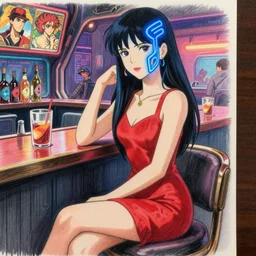 gynoid sitting in a cyberpunk bar, red dress, blue neon, finely illustrated face, highly detailed, colored pencil, studio ghibli, tankobon, in the style of ilya kuvshinov and krenz cushart and william - adolphe bouguereau and alphonse mucha