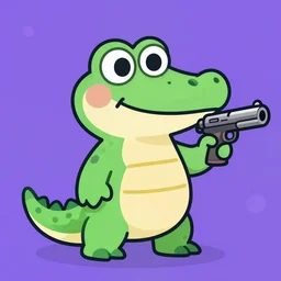 cartoon anthropomorphic crocodile holding a gun on a purple background, trending on artstation, 4k, cartoon style