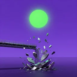 a piece of purple sky with a green sun falls to the ground and breaks into fragments, metallic bridge, futurism, schizophrenia, hyperrealistic fall