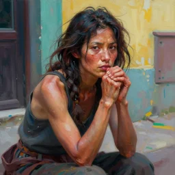 vibrant tetrad colours, painted portrait of rugged homeless woman begging in the street by ruan jia greg rutkowski, unkempt hair, clear face muscular feminine female mature powerful sensual beautiful hobo homeless fantasy intricate elegant detailed digital painting, concept art artstation sharp focus illustration