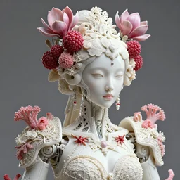 hyperdetailed ultra sharp focus 3 d render of a beautiful sweet porcelain ivory fair woman medium shot portrait | close - up, 8 5 mm f 1. 8 luminous | alexandre ferra georg loschner white mecha | cyberpunk mechanical haute couture | huge fractal mycelum and fungi filigree lace rasberry chili red sponge corals magnolia goliath head ornaments | embroidered leaves sinuous roots, octane render, volumetric cinematic lighting, 8 k, vray tracing, no dof, no blur