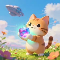 a wholesome key shot of a cute cat holding a glowing tesseract, an alien space ship up in the sky at the background, low shot angle, studio ghibli, pixar and disney animation, sharp, rendered in unreal engine 5, anime key art by greg rutkowski and nixeu, full bloom, vibrant lighting