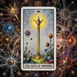 the ace of wands tarot card, fantasy composition made of fractals, ultra realistic, wide angle, intricate details, the fifth element artifacts, highly detailed by peter mohrbacher, hajime sorayama, wayne barlowe, boris vallejo, aaron horkey, gaston bussiere, craig mullins