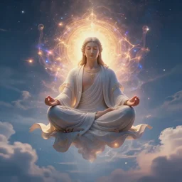 god floating down from heaven. he is meditating. inspired by meditation. his mind is exploding with insight from interdimensional teleportation
