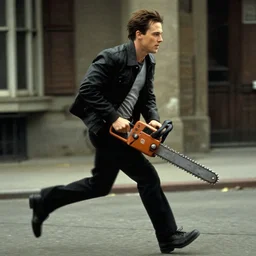 film still of christian bale running with a chainsaw in american psycho ( 1 9 9 9 )
