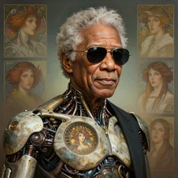 morgan freeman as a organic cyborg with sunglasses, diffuse lighting, fantasy, intricate, elegant, highly detailed, lifelike, photorealistic, digital painting, artstation, illustration, concept art, smooth, sharp focus, art by john collier and albert aublet and krenz cushart and artem demura and alphonse mucha