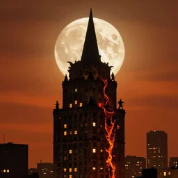 wizard tower in downtown manhattan at night silhouetted by a single huge moon, anders zorn, stephen hickman, thomas kincade, brutalist, james paick, julian falat, ultra realistic, trending on artstation, lava, dungeons and dragons, warm saturated colors, spooky, haunted