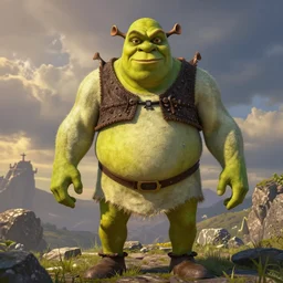 shrek!!! going goblin - mode, menacing figure, imposing, low camera angle looking up