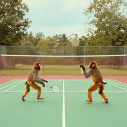 two monkeys playing badminton in the style of Wes Anderson