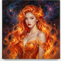 ultra realist breathtaking detailed soft painting of a full size portrait of a beautiful fire bride, a cosmic nebulae behind her, long fire hair and dress of fireflies, symmetrical facial features, christian saint in the middle of a stained glass of flames, photorealistic, fine intricate art nouveau frame, by Tom Bagshaw, wlop, Alfons Mucha, trending on artstation