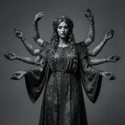 marana slavic goddess with six arms in traditional slavic clothes : dark and grey color gamma : concept art zdzisław beksinski, hd, 4 k, ultra clear detailed : dark color gamma