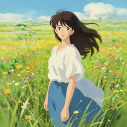 A realistic painting of a beautiful anime woman standing in a large field of wildflowers background by Frank Weston Benson and Miyazaki Hayao, wind blowing