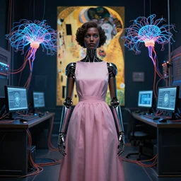 symmetric, a dark woman android in a pastel pink dress, in a room full of neural networks and wires and computers, dark sci - fi, ai, 4 k realistic, artem demura. alphonse mucha, gustav klimt.