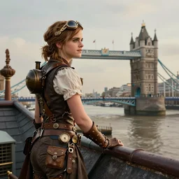 Emma Watson as a steampunk airship pilot, on a roof, looking out at Victorian London Tower Bridge, steampunk art, trending on ArtStation