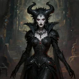 an concept art of the dark chaos queen, attractive hair, intricate details, detailed face, detailed clothes, artstation, epic pose, epic background, ambient light, by max ernst and renoir