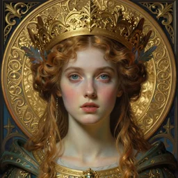 detailed realistic beautiful young medieval queen face portrait by jean delville, tom bagshaw, brooke shaden, gustave dore and marco mazzoni, art nouveau, memento mori, symbolist, visionary, gothic, pre - raphaelite, ornate gilded medieval icon, surreality, ethereal, unearthly, haunting, celestial, neo - gothic, ghostly