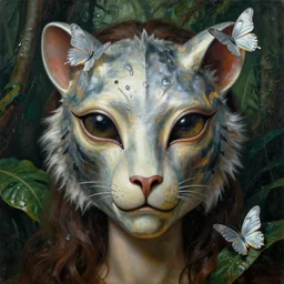 baroque neoclassicist close - up portrait of a being with big alien eyes wearing a reflective animal mask, in front of a wet jungle. iridescent silver butterflies. highly detailed science fiction painting by norman rockwell, frank frazetta, and syd mead. rich colors, high contrast, gloomy atmosphere. trending on artstation and behance.