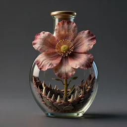 anthropomorphic monster, instead of a face a flower with 4 petals many small sharp teeth inside flask, realistic, intricate, cinematic lighting, concept art, octane render, cnn