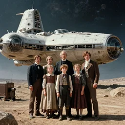 highly detailed, 513435456k film, 67200mm film still from a sci fi blockbuster color movie made in 2019, set in 1860, of a family standing in front of a spaceship that has just landed on an alien planet, the family are all wearing 1860s era clothes, good lighting, good photography, ultra high definition