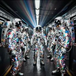 astronaut in holographic chrome suits in dark subway - complex composition. anaglyph materials. rays and dispersion of light. volumetric light. wide angle, f / 3 2. noise film photo. flash photography. ultra realistic, poster by wayne barlowe, mike winkelmann, wayne barlowe, craig mullins