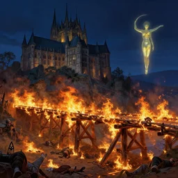 burning wood bridges next to grand gothic castle night, a burning battleground and bodies below by greg rutkowski craig mullins ross tran mucha levitating lumen reflections matte painting fantasy specular lighting trending on artstation