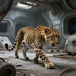 A cyborg leopard prowls an abandoned space station
