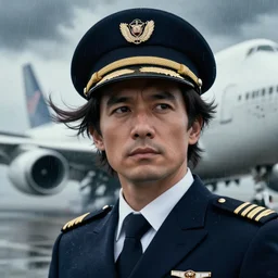 an ultra realistic, cinematic, headshot portrait, of an airline pilot, wind, facial features, background of a boeing 7 4 7, with clouds and rain, detailed, deep focus, movie still, dramatic lighting, ray tracing, by michal karcz and yoshitaka amano