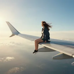 surreal photorealistic scene of a girl sitting on the wing of a flying airplane, side view, wide shot, very windy, sunny morning light, 4 k, detailed photo, hyperrealism, hdr, volumetric lighting, cinematic composition