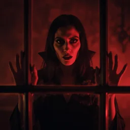 Vampire behind pane of glass facing the camera, dark horror, cinematic red lighting, cinestill 400 t film